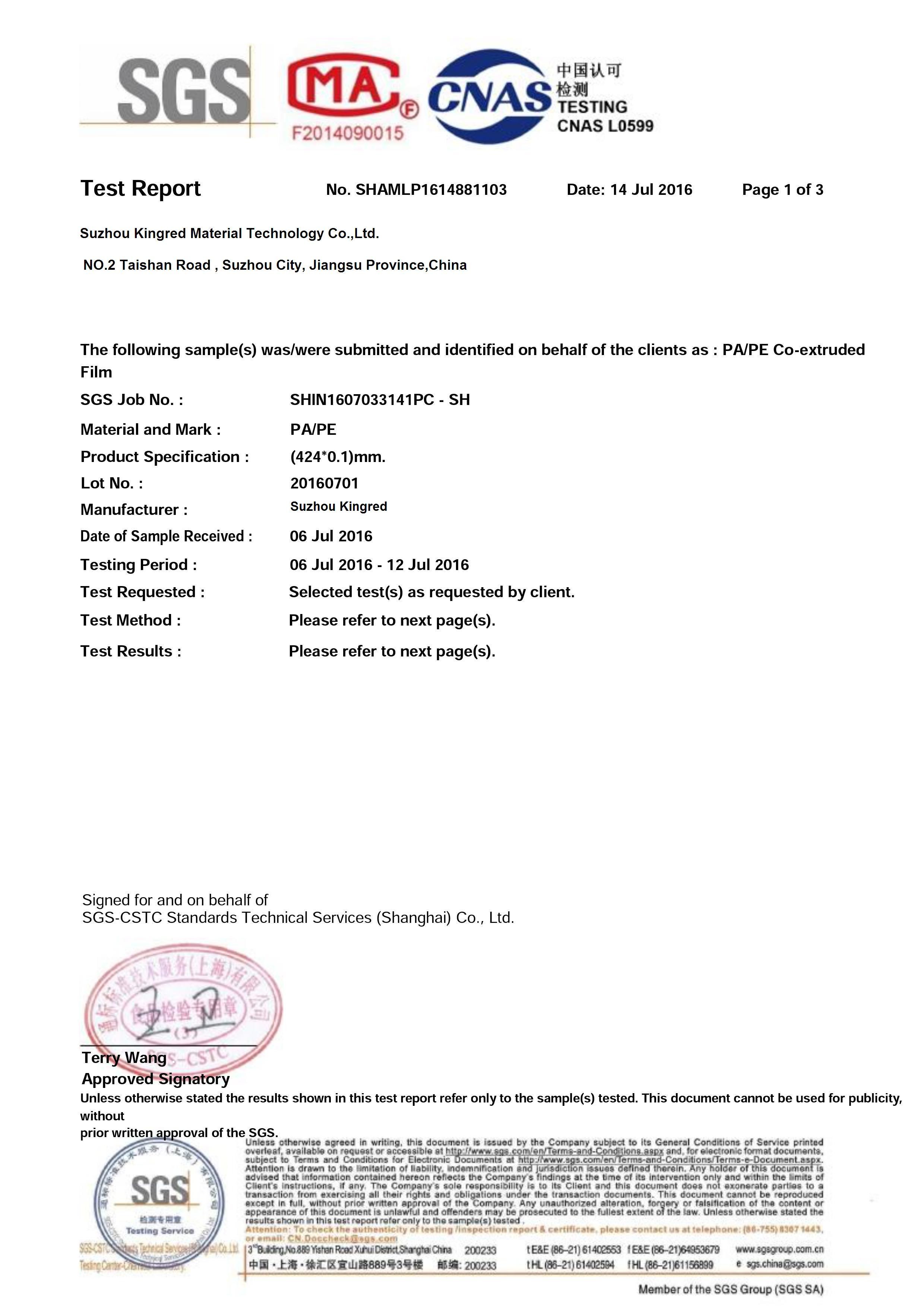 China Suzhou Kingred Material Technology Co.,Ltd. Zertifizierungen